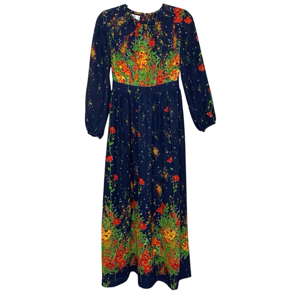 Vintage 70s Floral Maxi Dress Blue Colorful Sz 8 Sheer Long Sleeve Elegant Gown - Picture 5 of 16